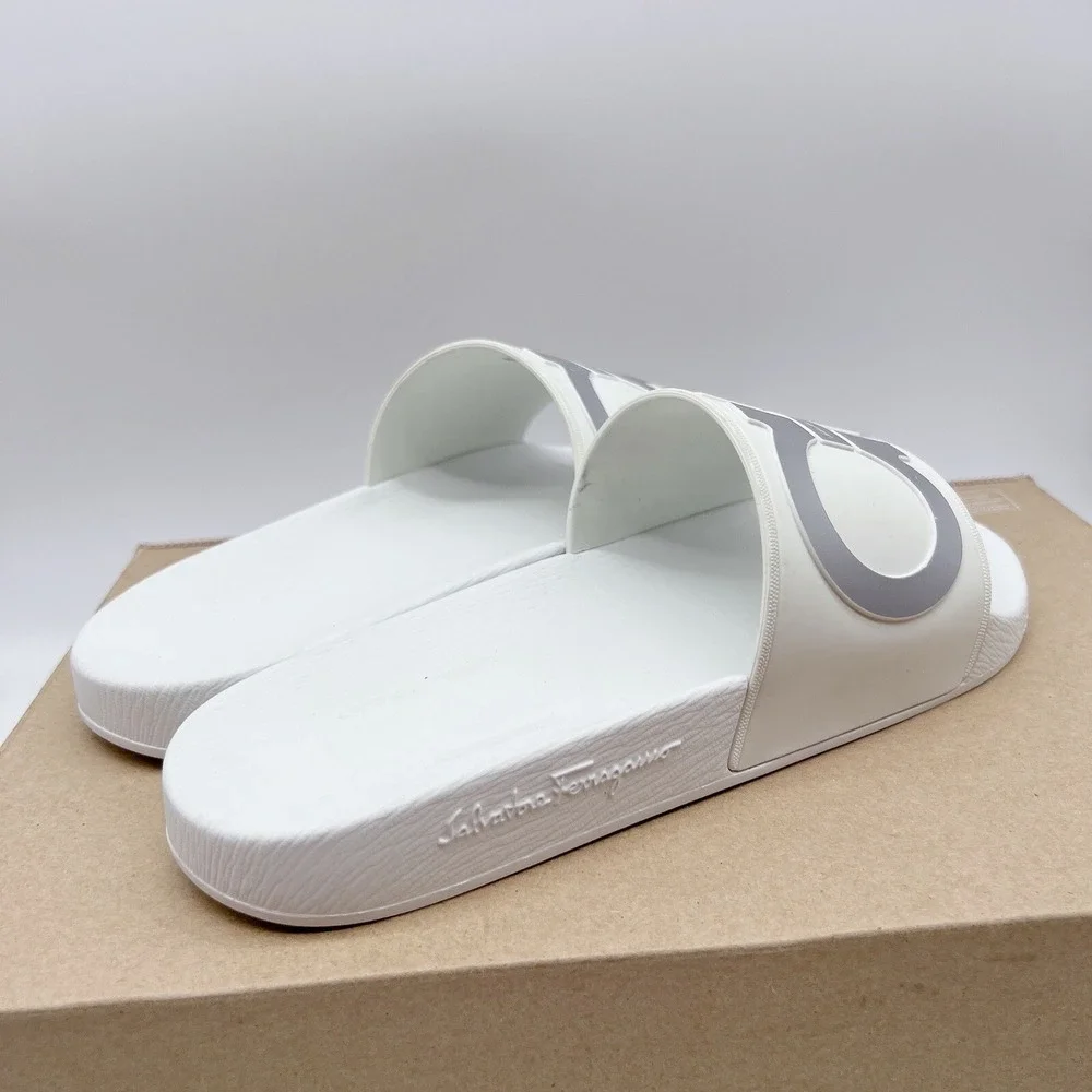 Salvatore Ferragamo Groove 6 Mens Gancini LOGO Slides Sandals White Gray US 7